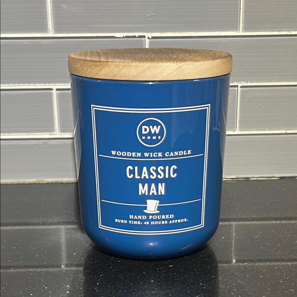 DW Home Classic Man Wooden Wick Candle Blue 11.8 oz Hand Poured NEW